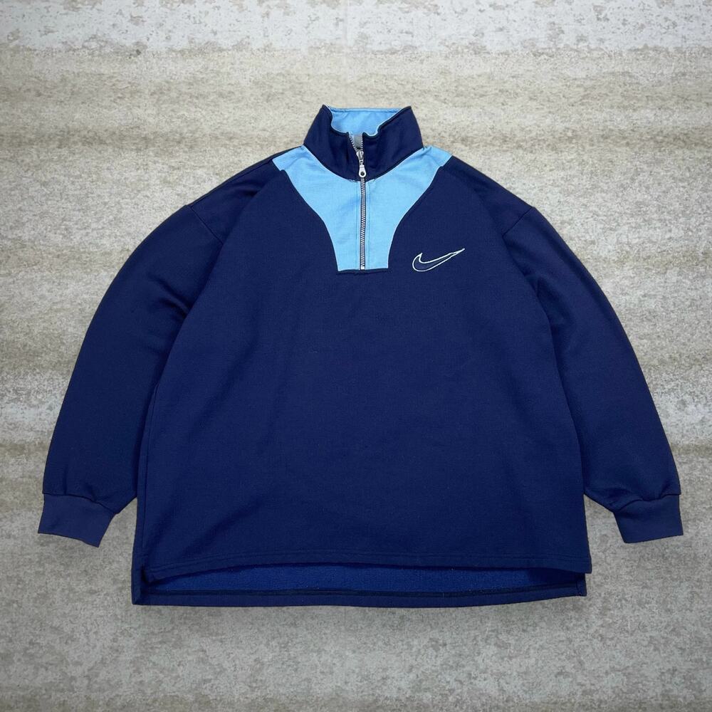 Vintage 90s Nike Jacket Mens XL Navy Blue Light Blue Cotton Quarter Zip Made USA